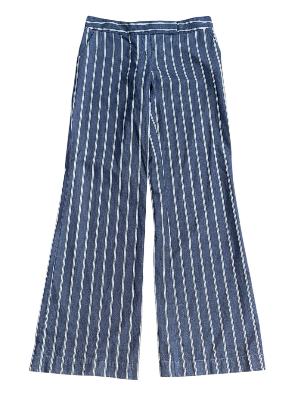 Tommy Hilfiger Indigo Blue/White Striped Cotton Low Rise Wide Leg Pants (4)